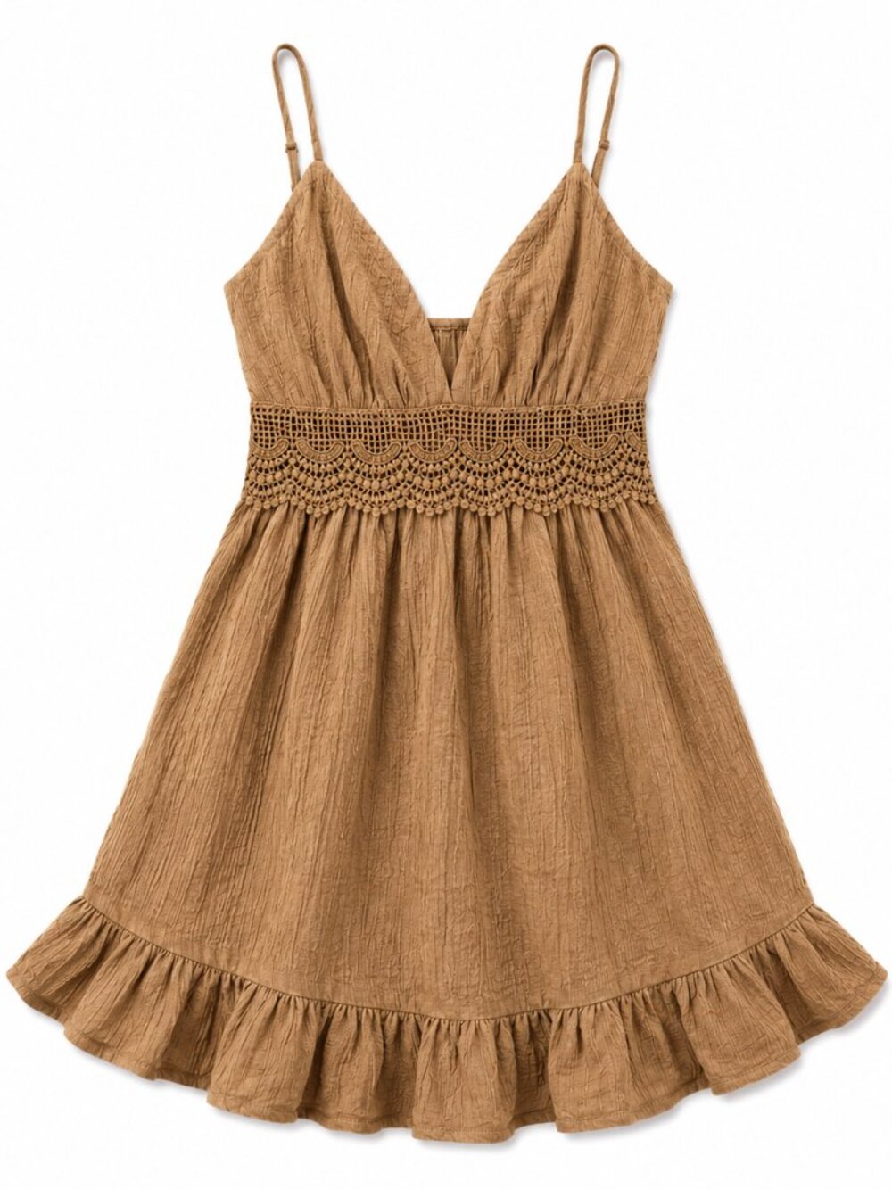 Love Tree Camel Colored Summer Dress with Crotchet Detail, Size Medium